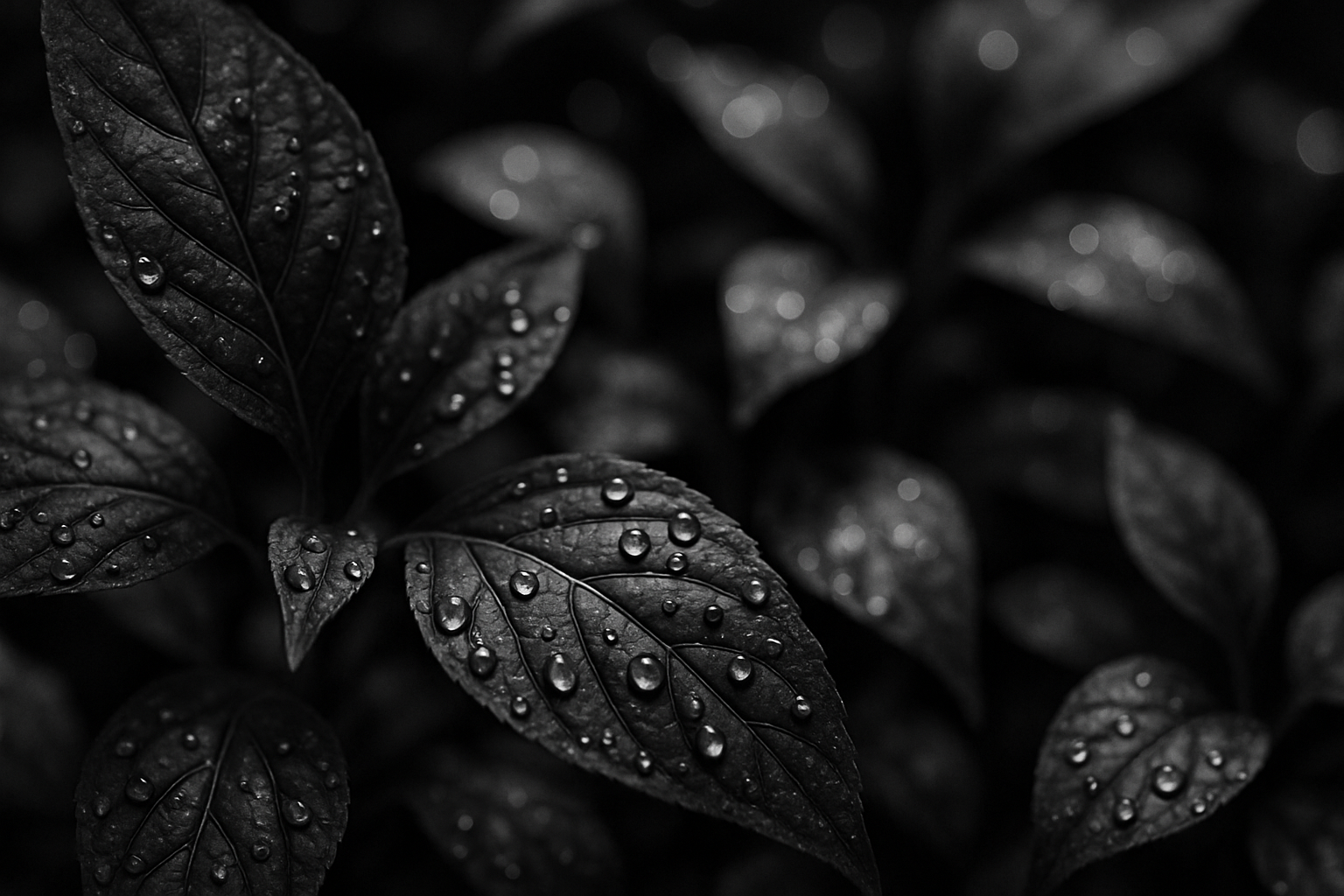 wet leafs black andd white